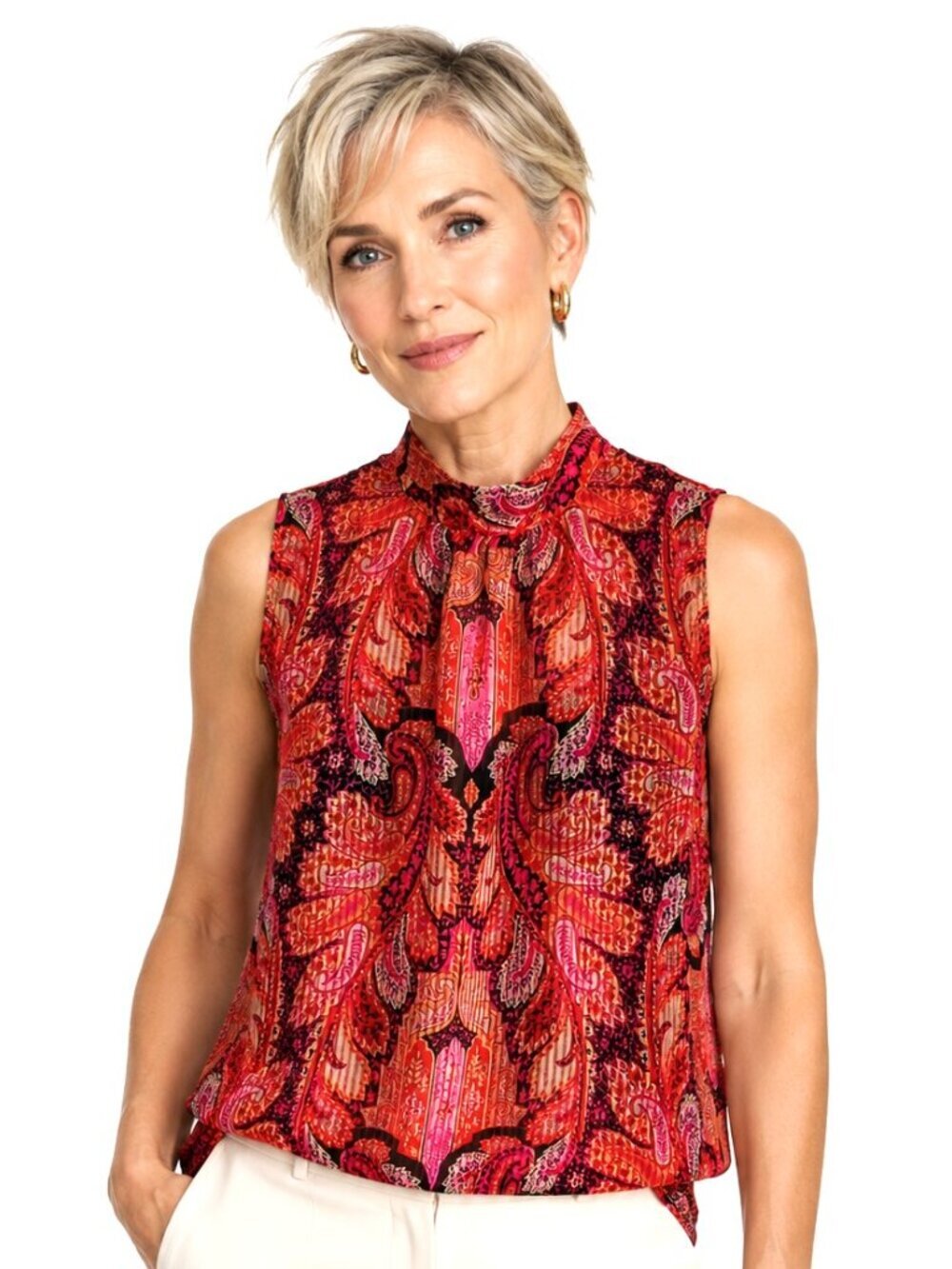 Talbots Petites Pink Fuchsia Paisley Sheer Silk Sleeveless High-Neck Top